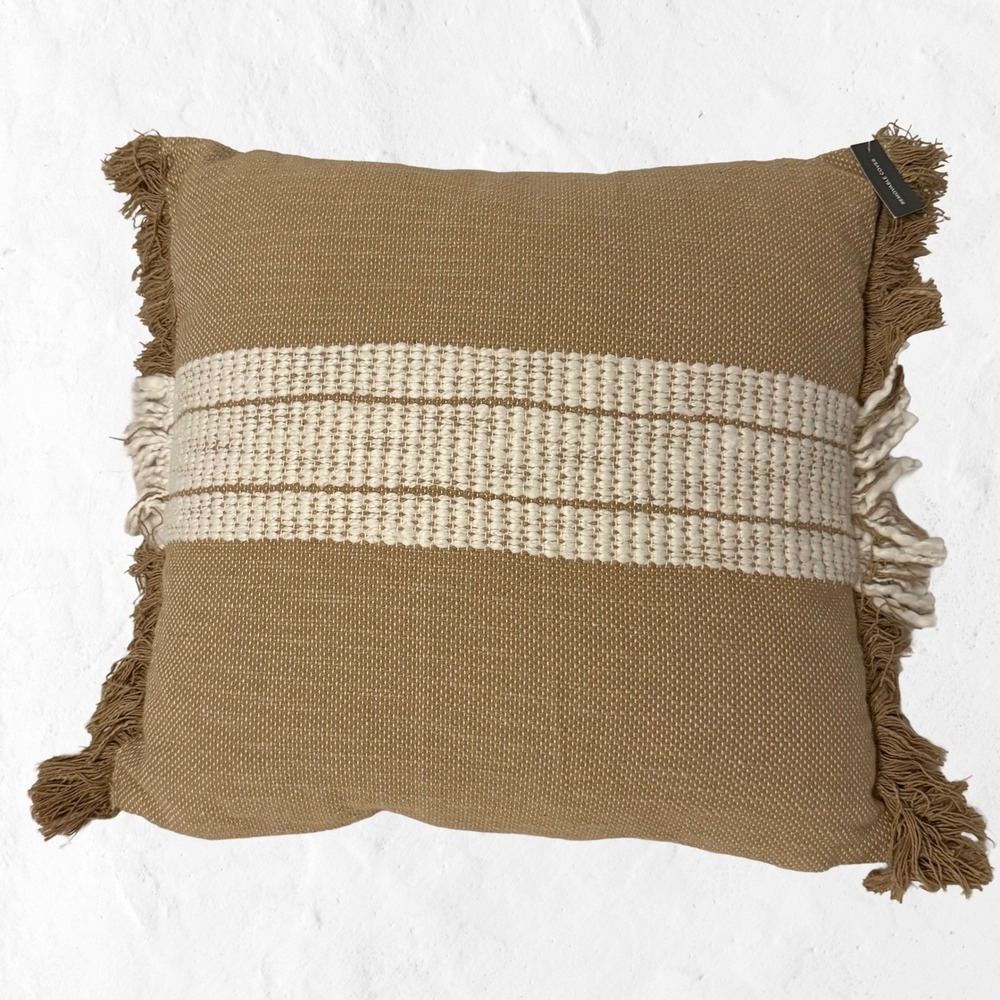 Studio McGee Threshold Throw Pillow Tan Cream Woven Striped Fringe Boho 20"x20"